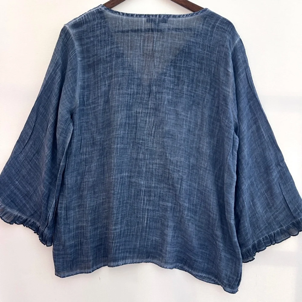 Macllyn Blue Gauze Lace V-Neck Blouse Size L Boho Peasant Top - Picture 5 of 7